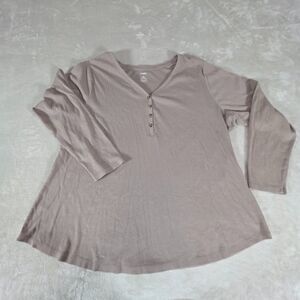 Sonoma Women's Plus 3X Brown Long Sleeve V Neck Ribbed Henley T Shirt Top Casual